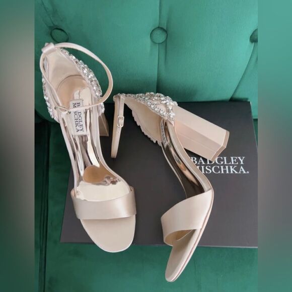 Badgley Mischka Ainsley Crystal Embellished Ankle Strap Sandal, Latte Satin, 9.5 - Picture 8 of 11